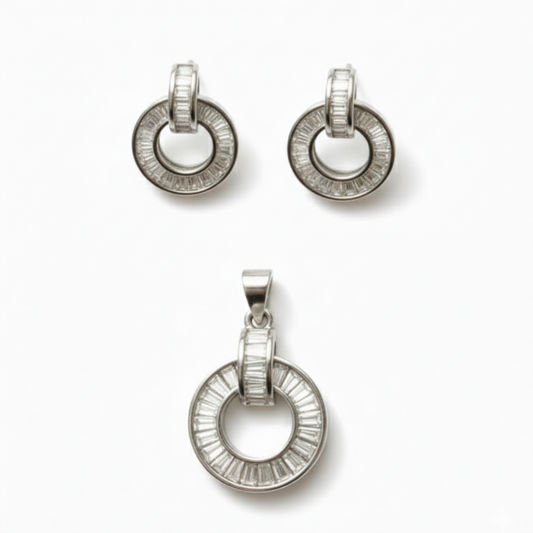 Baguette Cut Silver Pendant Set