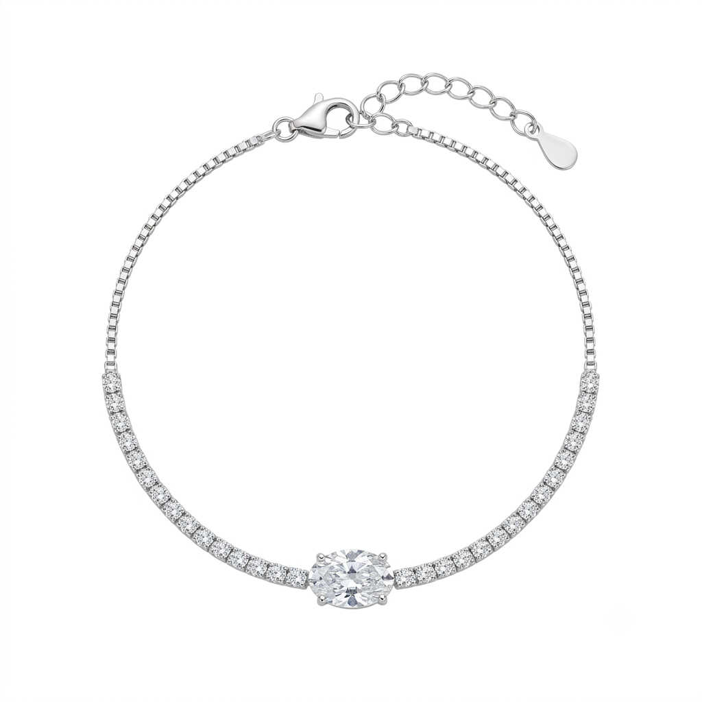 Oval Solitaire Tennis Silver Bracelet