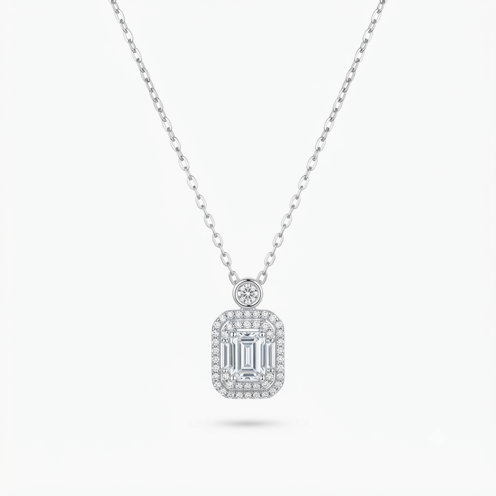Emerald Cut Halo Silver Necklace