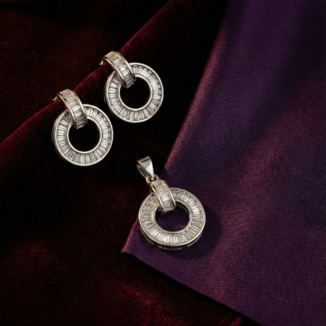 Baguette Cut Silver Pendant Set