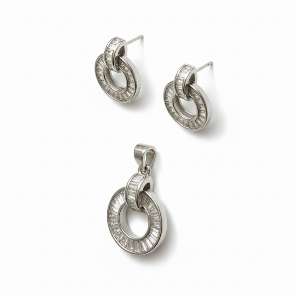 Baguette Cut Silver Pendant Set