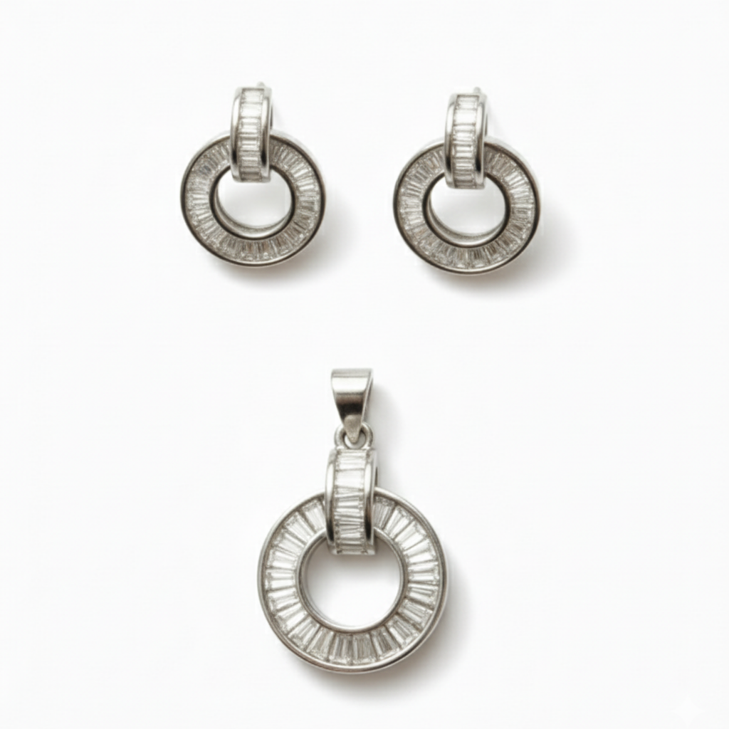 Baguette Cut Silver Pendant Set