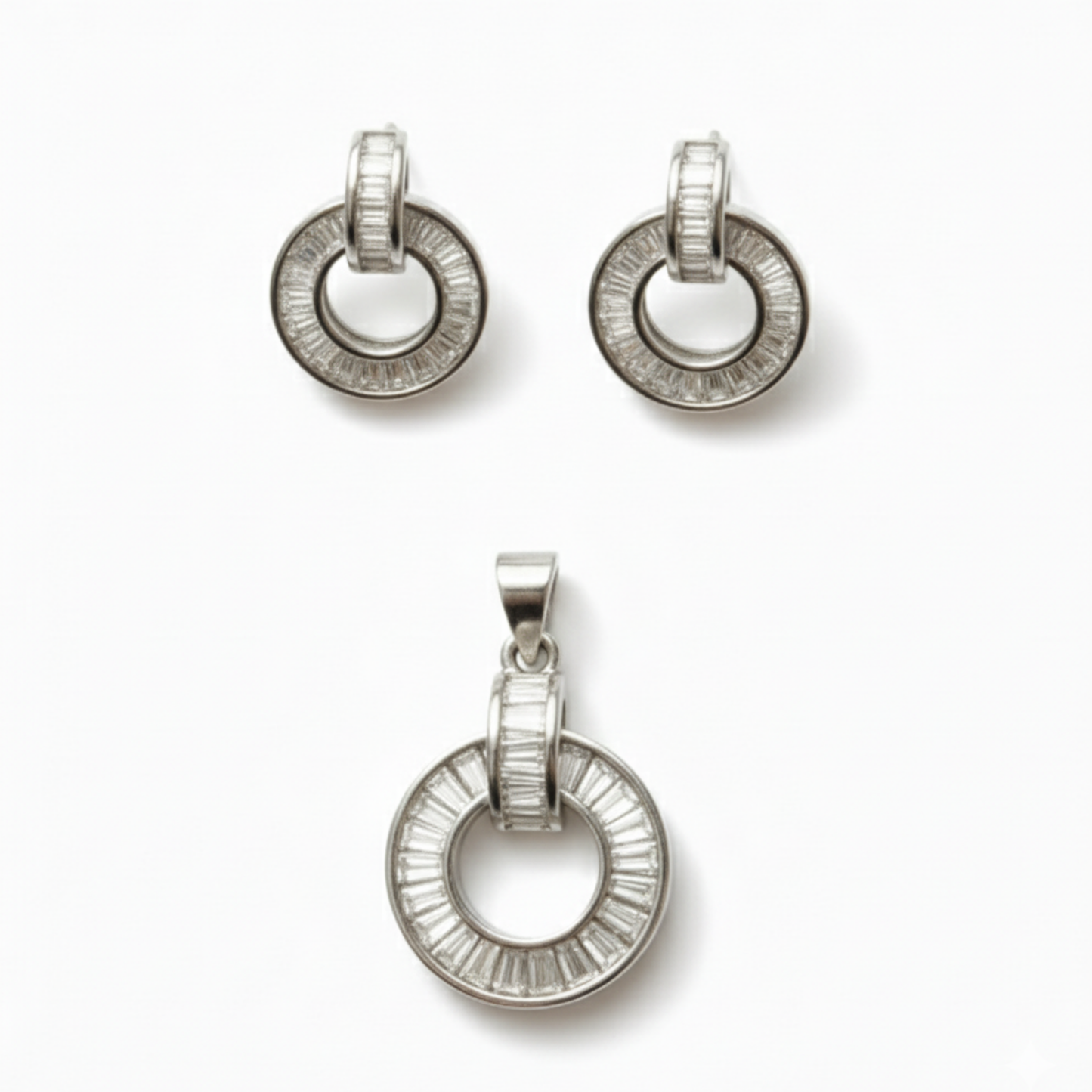 Baguette Cut Silver Pendant Set