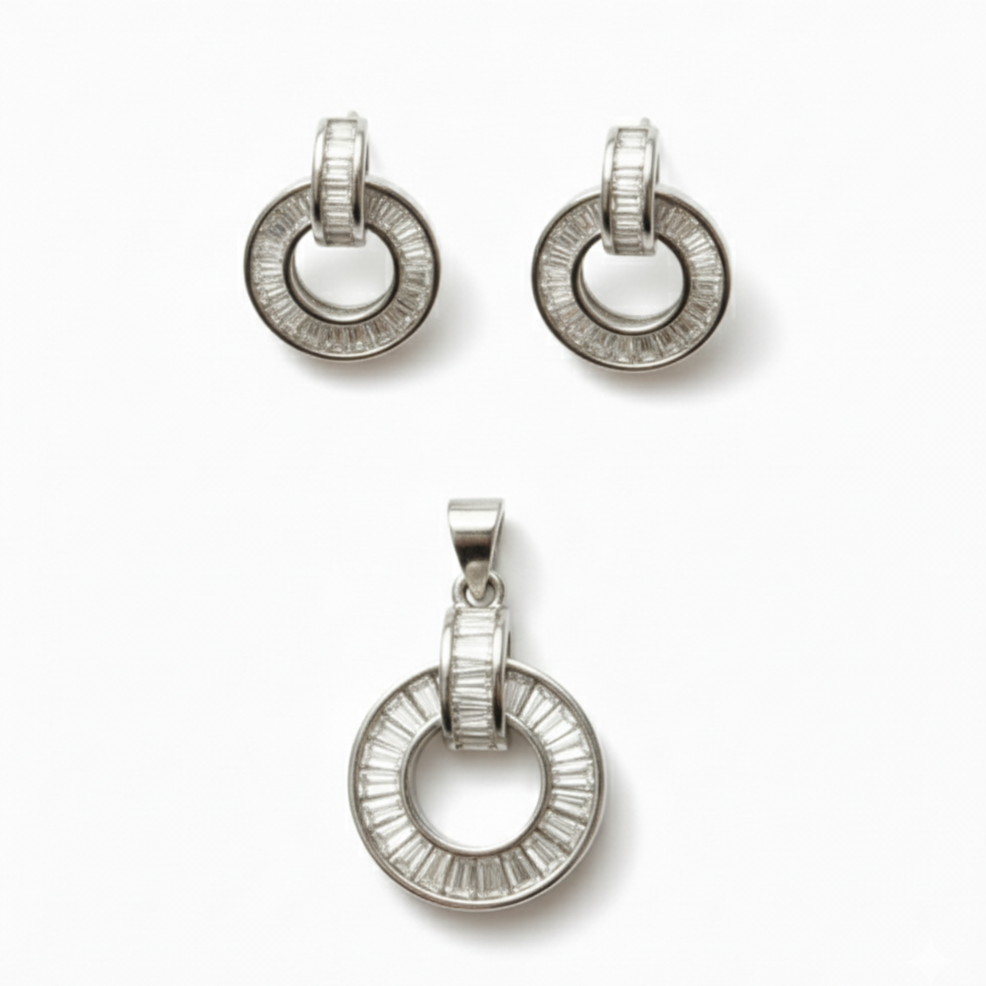 Baguette Cut Silver Pendant Set