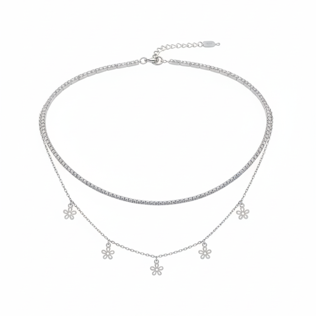 Layered Flower Charm Choker Necklace