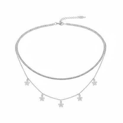 Layered Flower Charm Choker Necklace