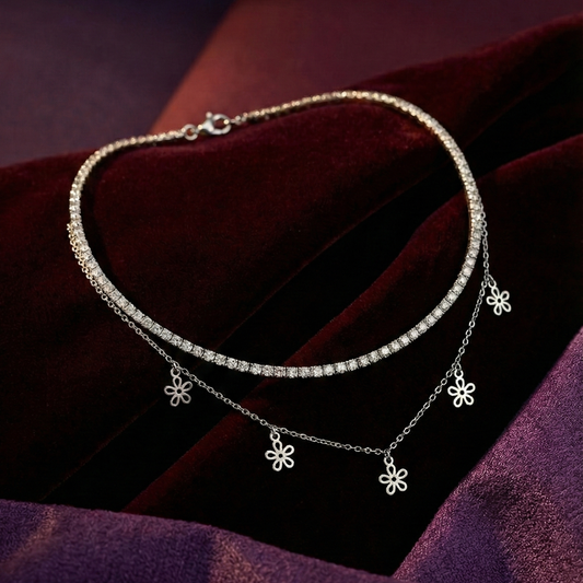 Layered Flower Charm Choker Necklace