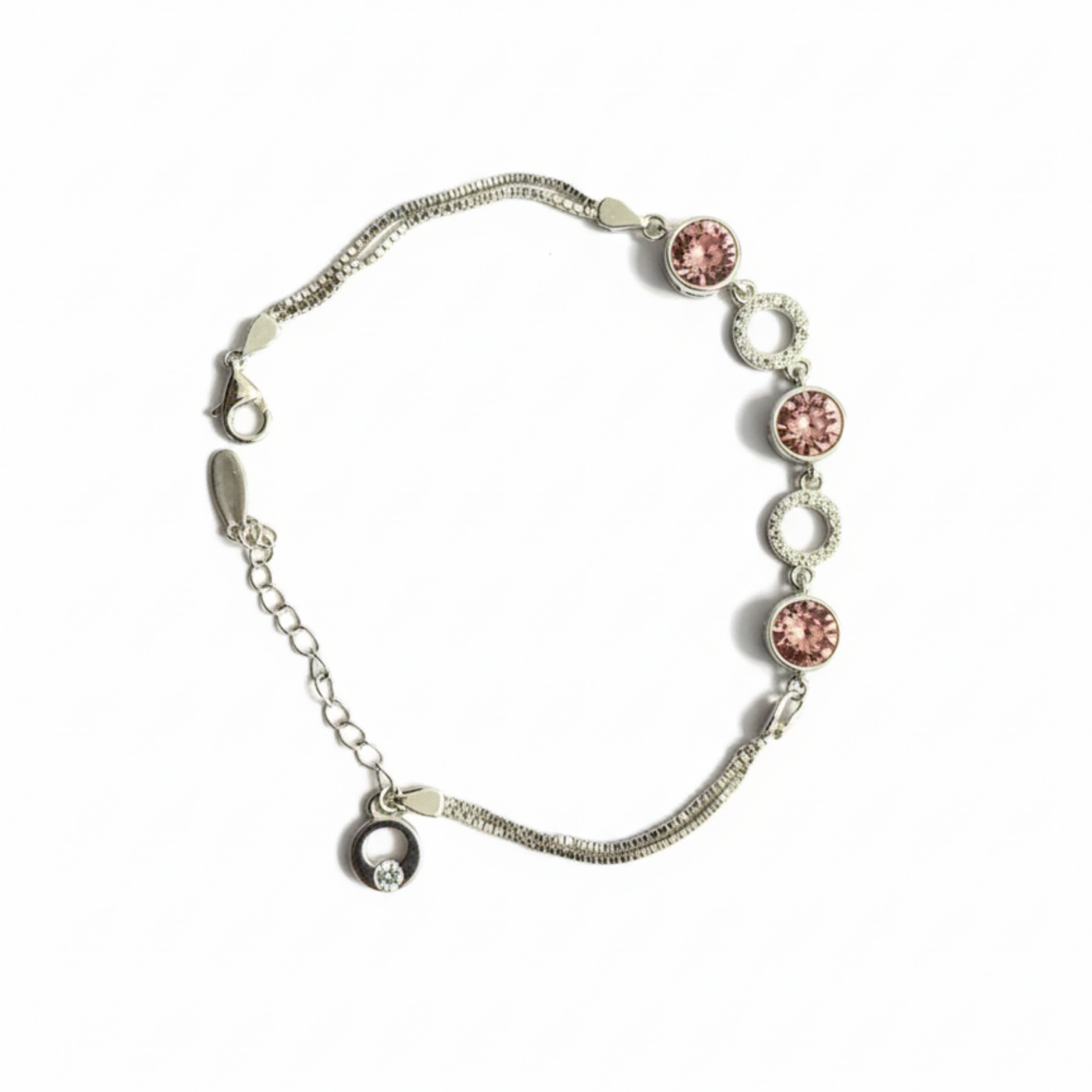 Silver bracelet with pink gemstones on a white background