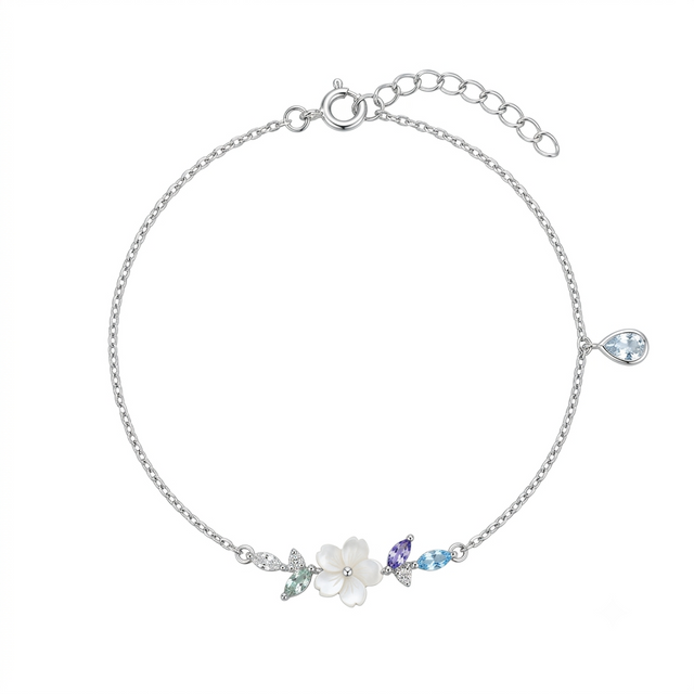 Mother of Pearl Flower Gem Silver Bracelet