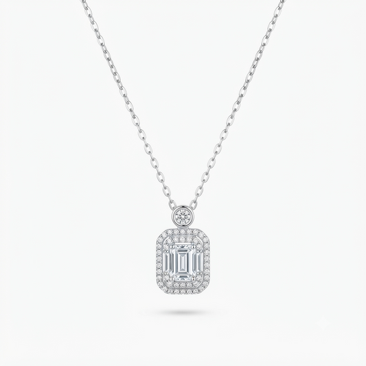 Emerald Cut Halo Silver Necklace